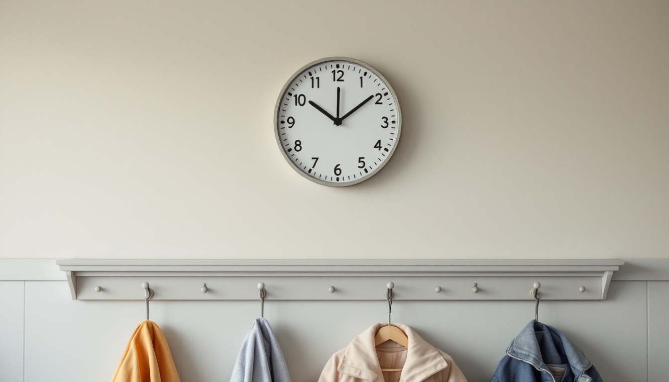 Eine runde Wanduhr über einer Reihe kleiner Garderobenhaken mit Kinderjacken in einem Kita-Flur.