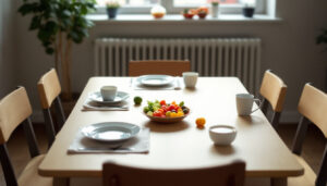 Ein niedriger Kindertisch mit kleinen Tellern, Bechern und einer Schüssel mit geschnittenem Gemüse und Obst.