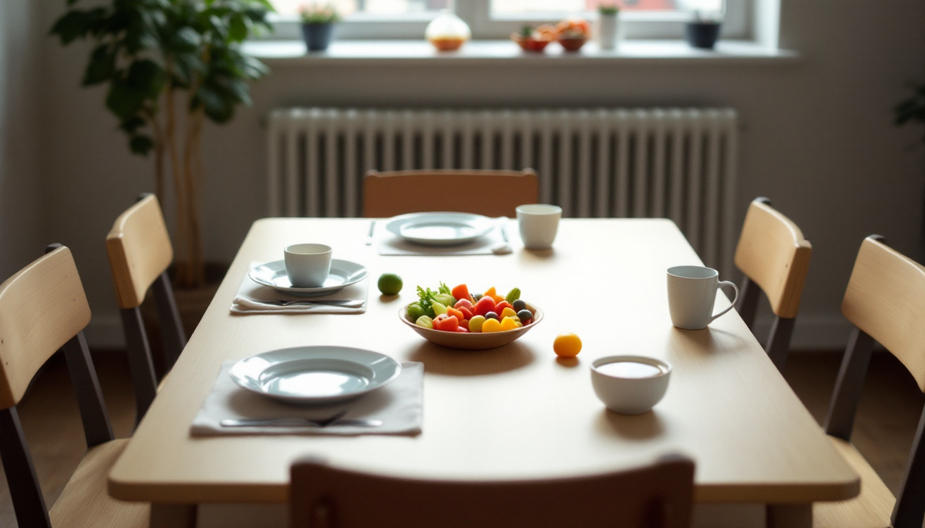 Ein niedriger Kindertisch mit kleinen Tellern, Bechern und einer Schüssel mit geschnittenem Gemüse und Obst.