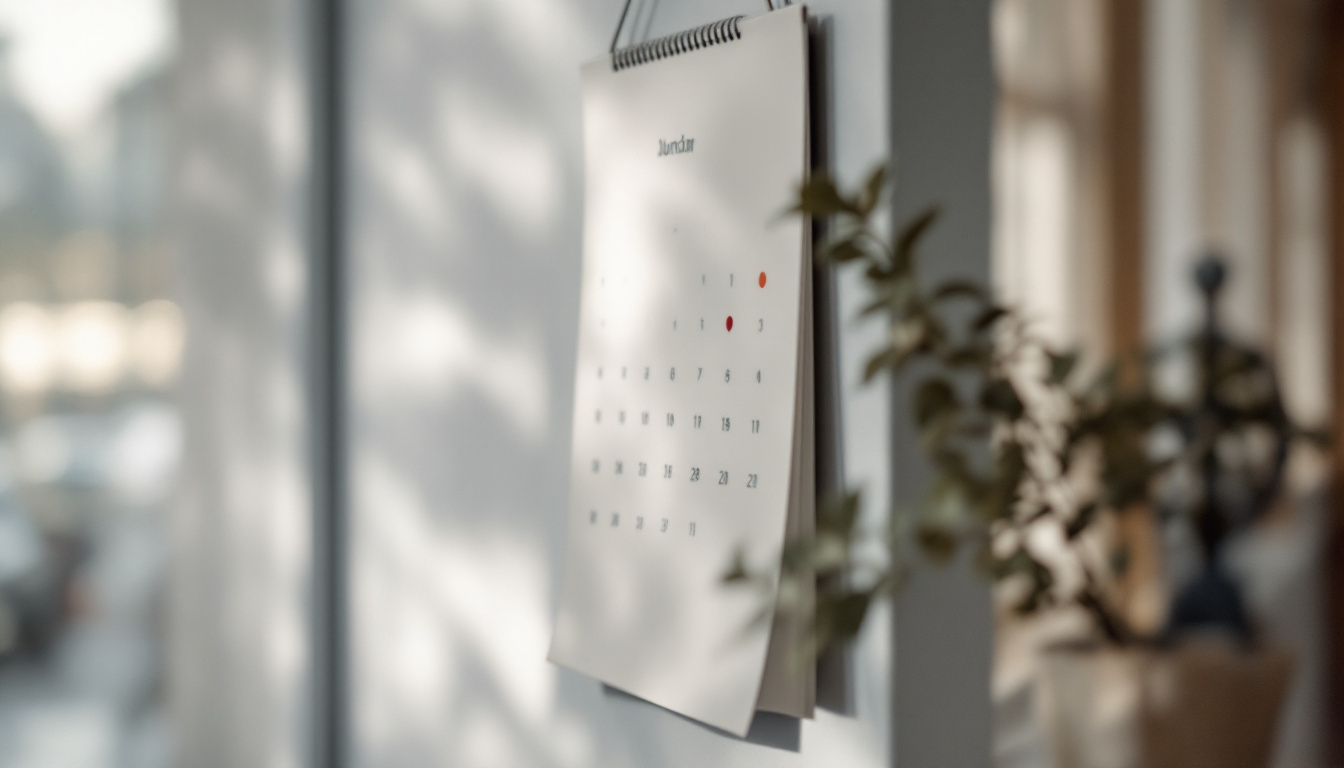 Ein Wandkalender im Flur mit einigen farbig markierten Tagen neben einer kleinen Topfpflanze.