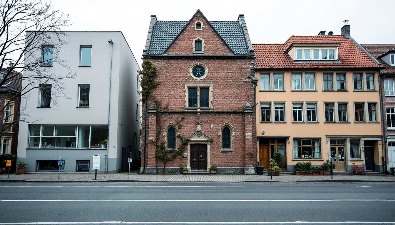 Drei verschiedene Gebäudefassaden nebeneinander an einer ruhigen Straße: ein schlichter Bau, ein Backsteingebäude und ein buntes Stadthaus.