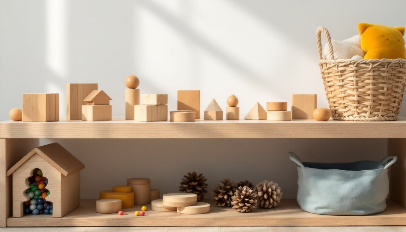Ein niedriges Holzregal mit Sortierblöcken, Filzformen, einem Korb mit Zapfen und bunten Perlen in einem hellen Spielraum.